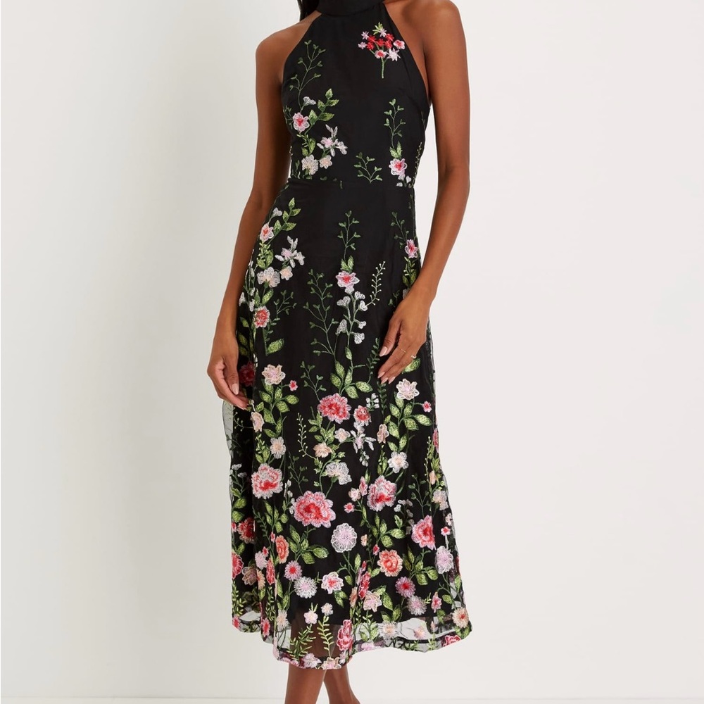 Lulu's Black and Pink Halter Midi Sundress